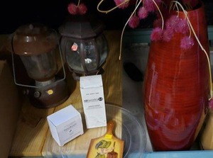lot 58 image: Two Vintage Lanterns (One says Coleman Model 275), Large Red Vase 27, AirWorks Fragrance Dispenser