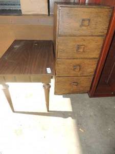 lot 15 image: lot of 2 brown tables 28lx18wide, small 4 drawer dresser 16x14x36
