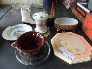 lot 139 image: Trinkets, wall art plates   porcelain boot Dallas Texas longhorns 1985  AND MORE