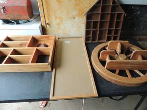 lot 154 image: NIC NAK SHELVES  X 3  - WAGON WHEEL shelf  22,  House shelf 19 X 18, RETANGLE Shelf 22 X 18  and large frame, 31 X15