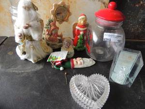 lot 161 image: Christmas lot- clock, angel, cookie jar, glass heart trinket dish