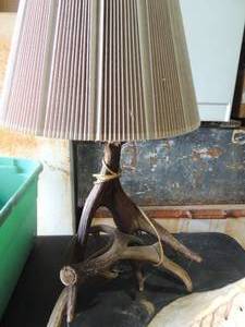 lot 180 image: 3 antler deer lamp with deer skin shade 20x15x20
