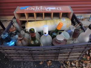 lot 79 image: Lot of empty liquor bottles vintage dr. Pepper crate and assorted mason jars