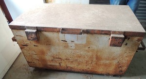 lot 12 image: Large metal tack box, rusted as shown includes screws and nails 48x24x26