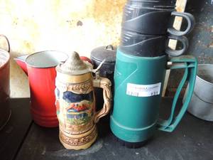 lot 131 image: RED ENAMEL COFFEE POT, BLUE SPECKLE COFFEE POT, beer stein music box (needs repair) & MORE