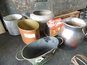 lot 132 image: Various metal planters,  Log Cabin syrup container,  large metal tea kettle