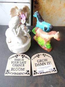 lot 136 image: Painted horses   angel figure,   spinning porcelain figure and 2 dcor signs