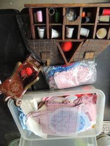 lot 137 image: Sewing lot- notions, cloth patterns thimbles, rocking chair pin cushion