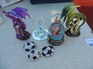 lot 187 image: 2 dragon figurine, glass bear, 2 snow globes, 3 rhinestone soccer balls