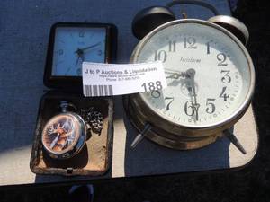 lot 188 image: Heirloom clock  Elgintravel alarm clock, Westminster pocket watch with deer