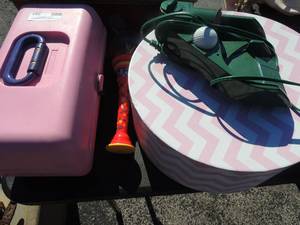 lot 201 image: Kids lot- pink makeup box with hair accessories, Golf toy, Micky mouse wand, hat box filled with toys, books etc.