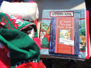 lot 205 image: CHRISTMAS  LOT - Cowboy boot, christmas stockings, fabric christmas book