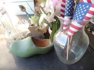 lot 212 image: Lot- vases, duck holder, Dutch shoes, trinket box etc.