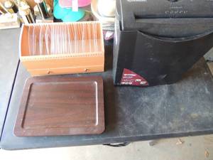 lot 216 image: Paper shredder   ID armor brand bill organizer   small wood table
