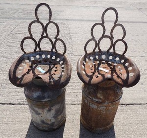 lot 2 image: Lot of 2 handmade metal milk can and horseshoe chairs 40 tall