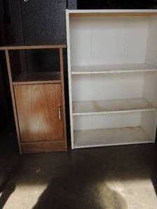 lot 19 image: Lot of 2- three tier bookshelf white 24x10x35    small brown cabinet with shelf 13x12x28