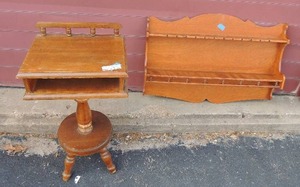 lot 26 image: lot of 2    Brown wooden telephone side table 15x11x28 and hanging shelf 31x5x22