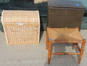 lot 29 image: lot of 3 wicker items- stool 16x14x15 Hamper 19x12x23 basket 18x13x17