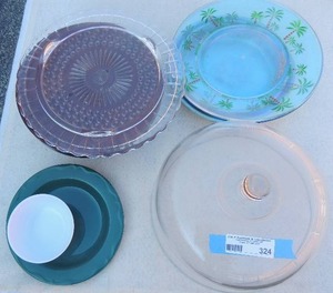 lot 324 image: Wooden cake stand pressed glass serving plate glass cake cover 2 round metal cake pans and plates
