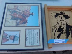 lot 329 image: Lot of 3 John Wayne picturess (one is wooden cutout)