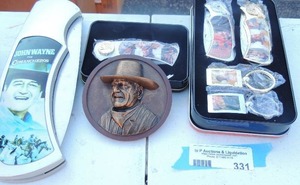 lot 331 image: John Wayne lot- Large pocket knife, pocket knife new in box, Pocket knife keychain set new John wayne hanging wood plaque