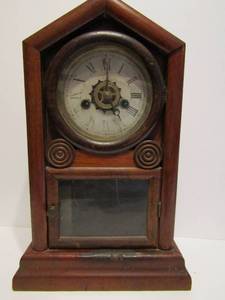 lot 5 image: ANTIQUE MANTLE CLOCK  HAS   PENDULUM & KEY  15H X 10 AT BASE