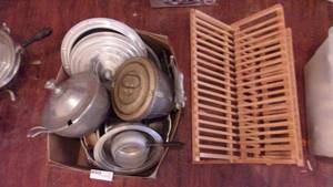 lot 16 image: Wooden Dish Dryer Rack, Aluminum Pot and Lids