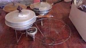 lot 17 image: Three Chafing Dishes and Lids with warming Racks, One Looks like Copper