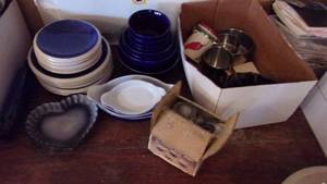lot 19 image: Blue Dishes and Cooking Dish Sets, World Market Blue Bowl Set, 4 pc. Stoneware Butter Warmer Set and more