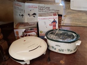 lot 28 image: Rival Oval Crock Pot, Hamilton Beach Panini Maker, George Foreman Grill, 4 Pc. Porcelain Bowl Set, Sunbeam Extra Large Frypan