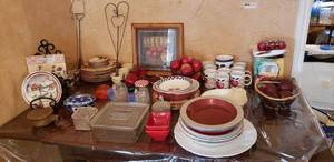 lot 29 image: Apple Lot Matching Apple Dish Set, Salt & Pepper Set, Apple Jar, Apple Mug Set, Various Red and Clear Dishes as shown