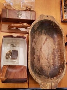 lot 53 image: Wooden Box with Metal Fleur De Lis Symbol, Wooden Bowls and 3 Vintage Matchbox Holders