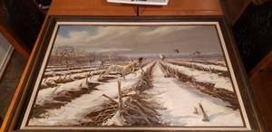 lot 45 image: Framed Painting of Hunting Dogs with Light (43x32 Frame)