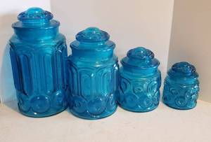 lot 170 image: Blue Glass Cannister Set, Large Jar 11.5, Small Jar 5.5