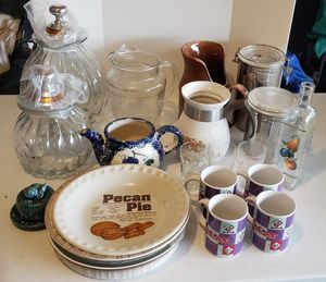 lot 171 image: Two Matching Glass Jars with Lids, Monoploy Mug Set, Vintage Corning Ware Percolator (Minus the Lid), Pie Plates and More
