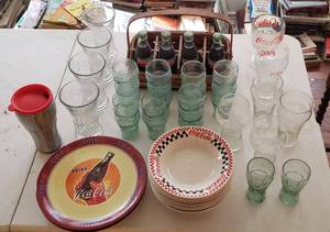 lot 67 image: Coca-Cola Matching Glass Sets, Large and Small, Plastic Plate Set, Glass Bowl Set and Drink Basket, see Pictures