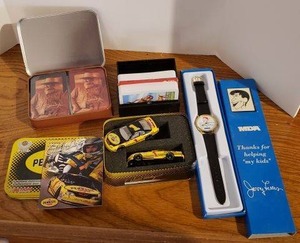 lot 93 image: Jerry Lewis Thank you Watch with Leather Band, Pennzoil Collectors Set Nascar Cars in Original Tin, John Wayne Card Decks Unopened, Horse Card Decks
