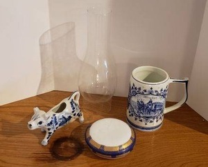 lot 94 image: Hand Painted Delft Blue Cow, Delft Beer Mug, P&S Round Dish with Lid