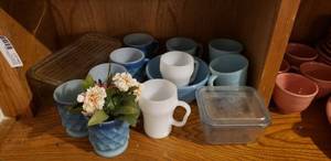 lot 92 image: Blue Diamond Anchor Mug Set, Two Fire King White Coffee Cups,  Fire King Blue Coffee Mugs and More, see Pictures