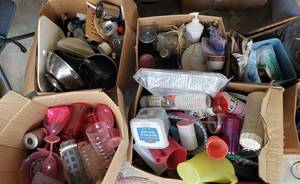 lot 175 image: 4 Boxes of Plastic Glasses and Kitchen Items, Pans and Collander