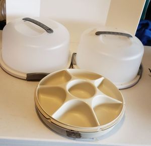 lot 177 image: Tupperware Divided Serving Tray with Lid, Two Sterilite Cake Containers