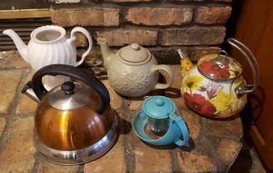 lot 76 image: Tea Kettles as shown, Includes Pioneer Woman Flower Tea Kettle and Mini Tea Pot with Diffuser