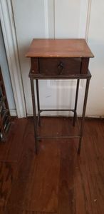lot 72 image: Vintage Square Table and contents, Wooden Legs, with Drawer 10x10x22.5