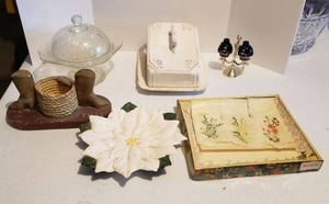 lot 179 image: Embroidered Handkerchiefs, Clear Glass Pedestal Dish with Lid, Covered Cheese Dish, Flower Dish