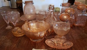 lot 23 image: Pink Glass Dishes Includes what looks like Mayfield and Manhattan Depression Glass