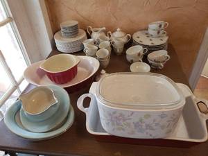 lot 37 image: Crofton Red Dishes, Vintage Corning Ware Casserole Pastel Bouquet with Lid, Tea Set and More