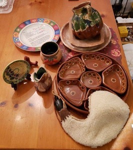 lot 56 image: Wooden Serving Tray, Animal Skin Water Canteen, Mexican Wedding Cookie Plate and More