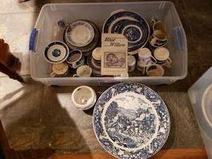 lot 54 image: Blue and White Dishes Includes Sanyei, Jackson Custom China, Willow Ware by Royal China and Japan Dishes