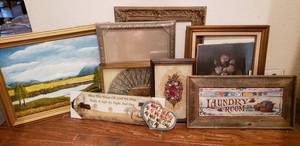 lot 108 image: Harold Campbell Painting, Framed Fan from Spain, Prints by Ryan Barone, and Frames