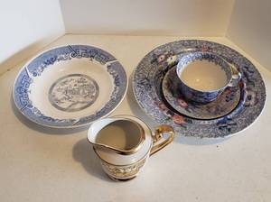 lot 188 image: Royal Carlton Creamer Dish, Blue and White China Bowl, Copeland Spode England Wild Flower Plate, Saucer and Cup